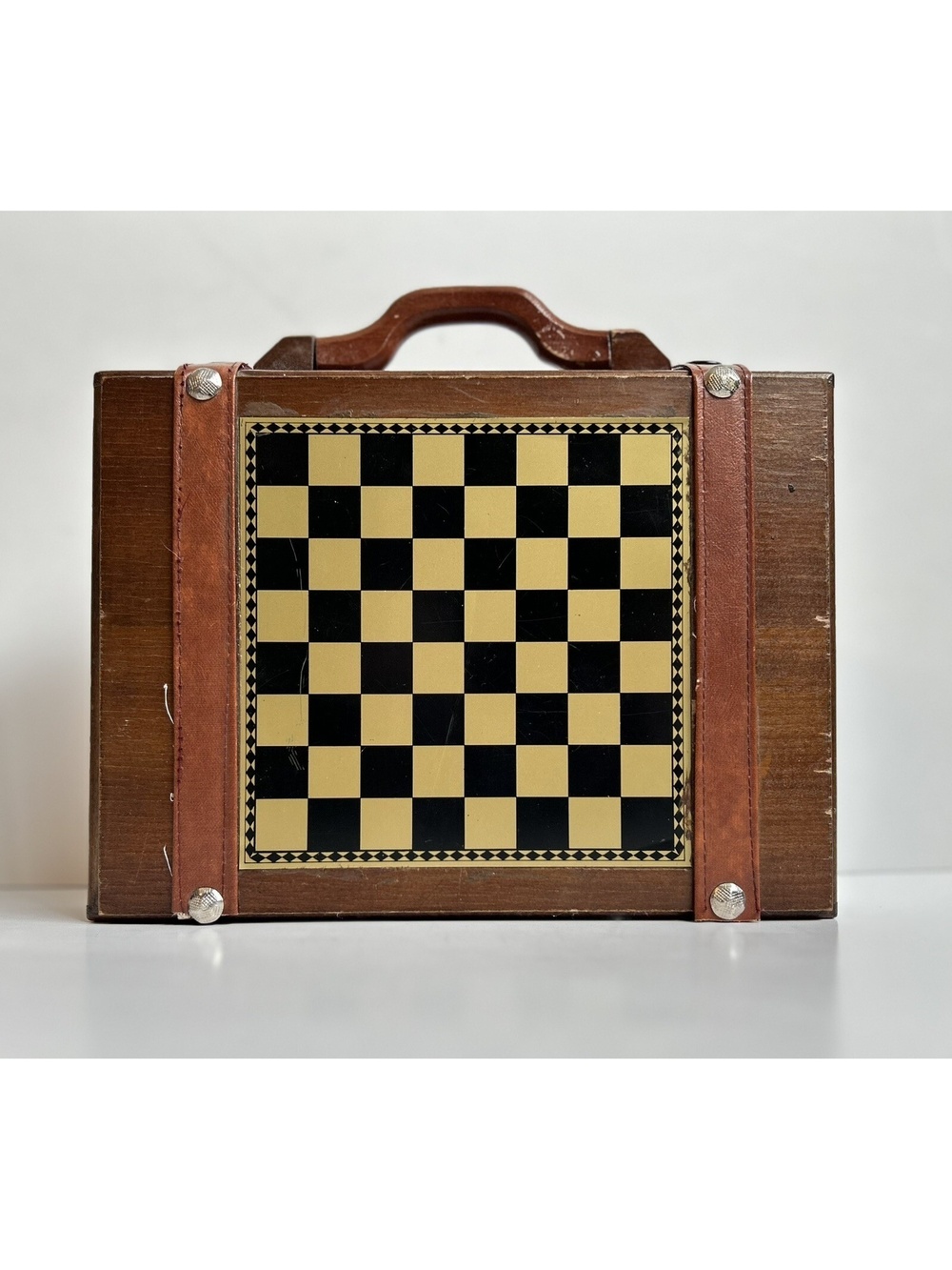 Travel Chess and Backgammon set in Tiny Wood Suitcase - Unique and Rare *AS IS*